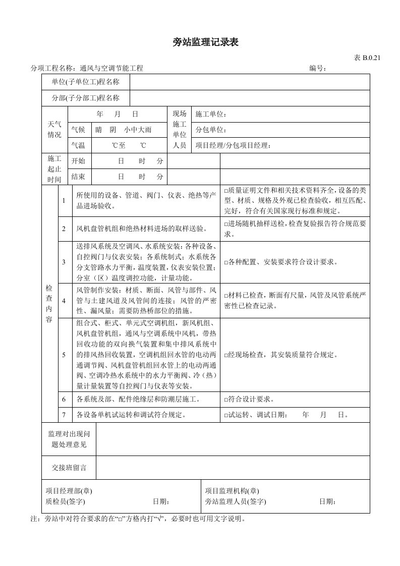 通风与空调节能工程旁站监理记录表