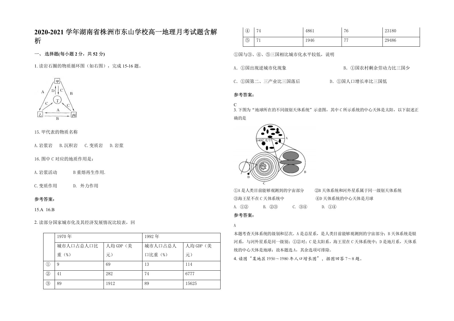 2020-2021学年湖南省株洲市东山学校高一地理月考试题含解析