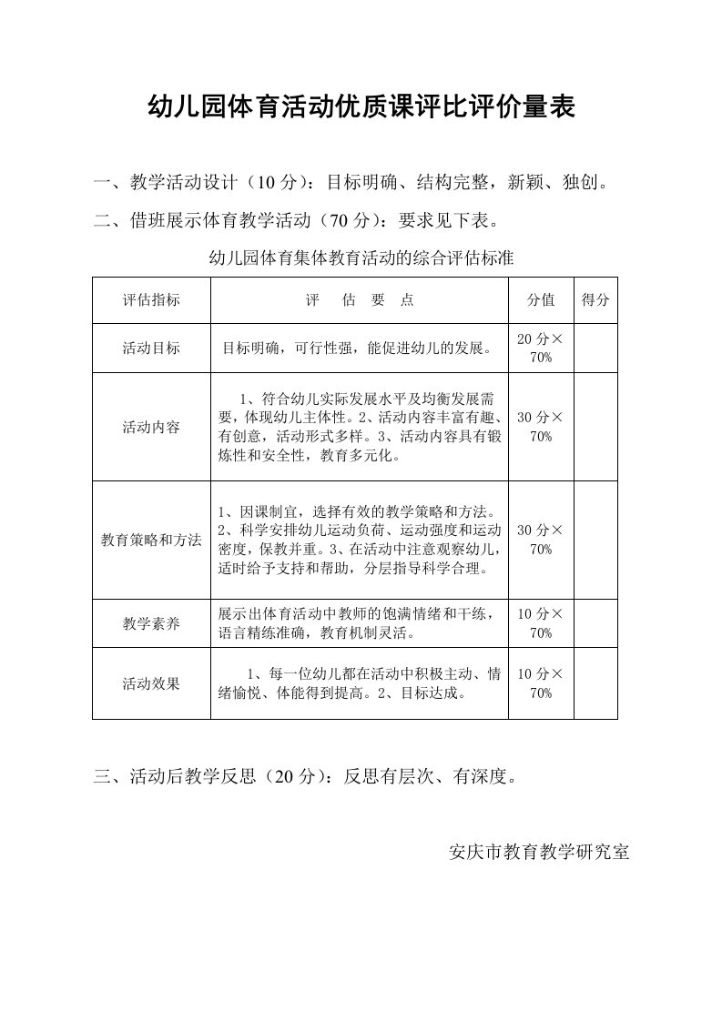 幼儿园体育活动优质课评比评价量表