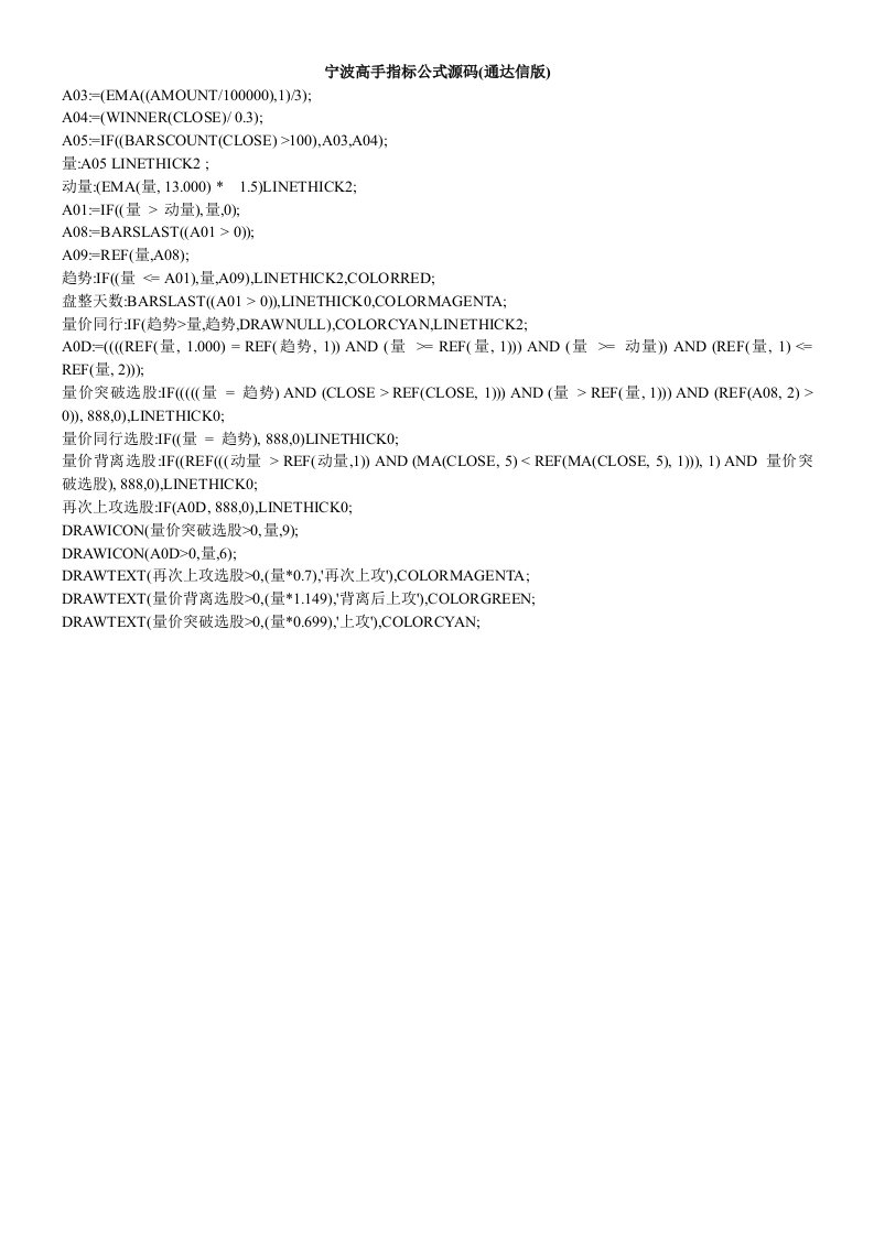 宁波高手指标公式源码(通达信版)