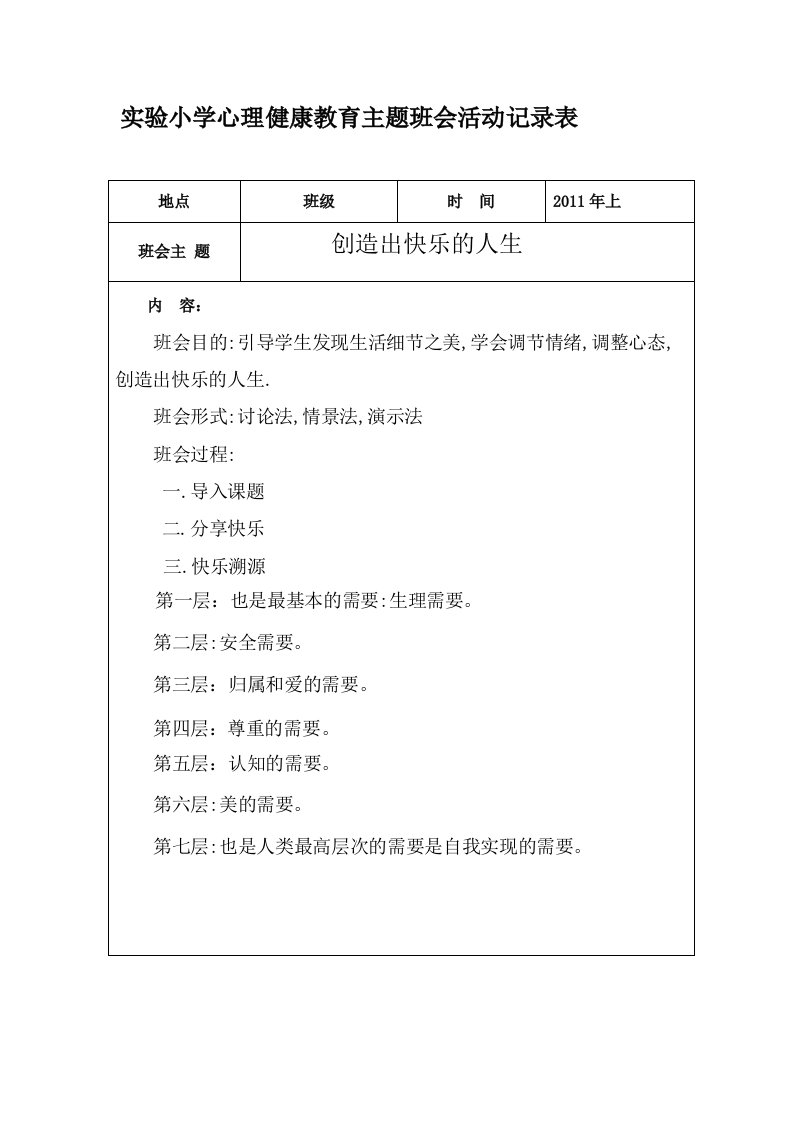 实验小学心理健康主题班会活动记录表