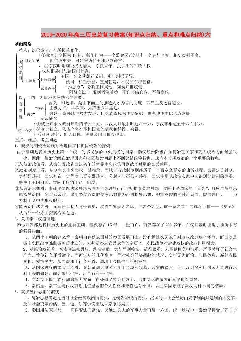 2019-2020年高三历史总复习教案(知识点归纳、重点和难点归纳)六