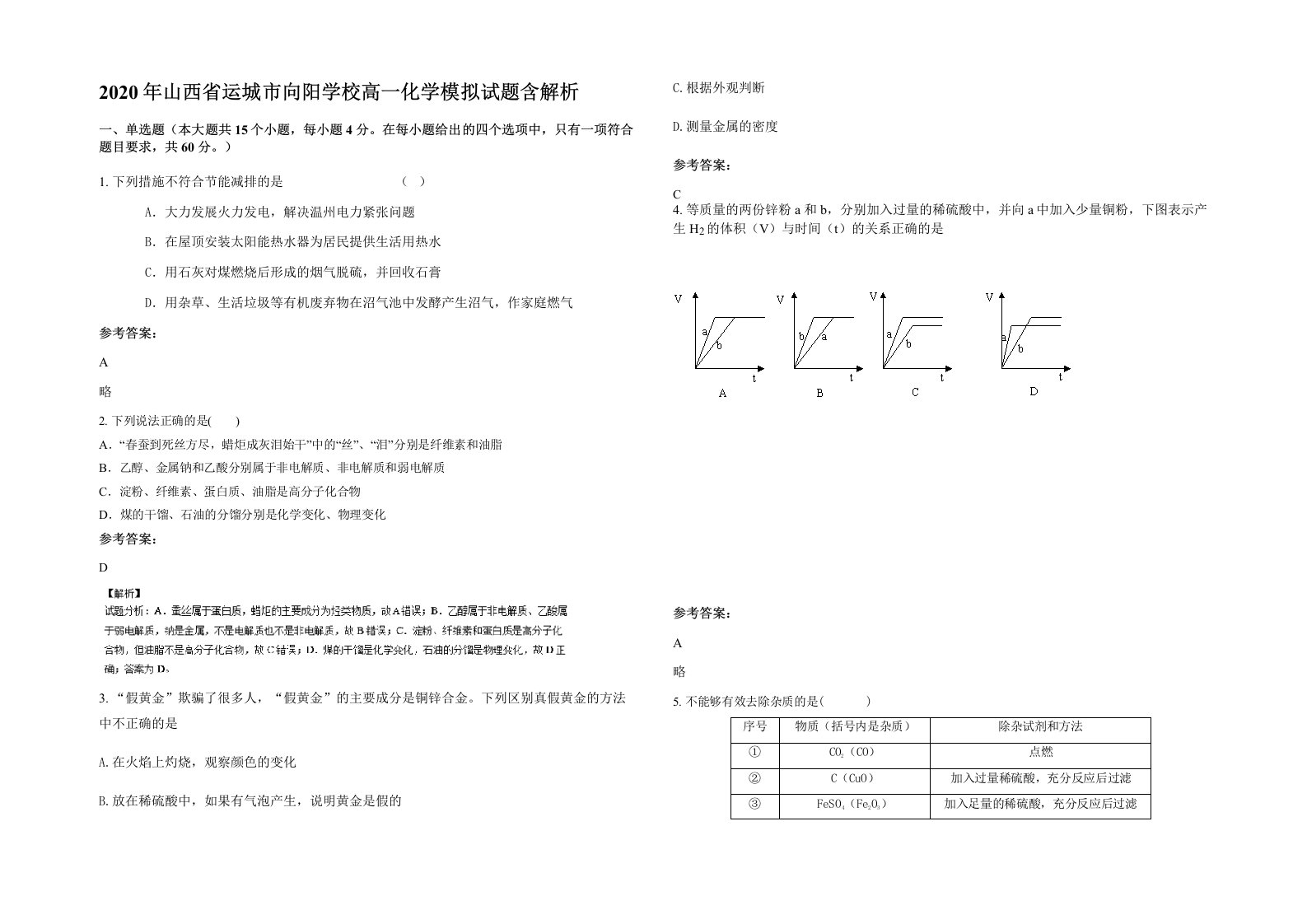 2020年山西省运城市向阳学校高一化学模拟试题含解析