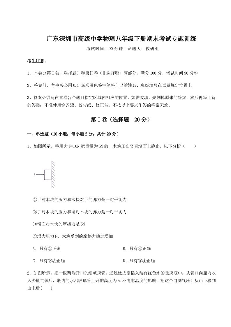 达标测试广东深圳市高级中学物理八年级下册期末考试专题训练A卷（解析版）