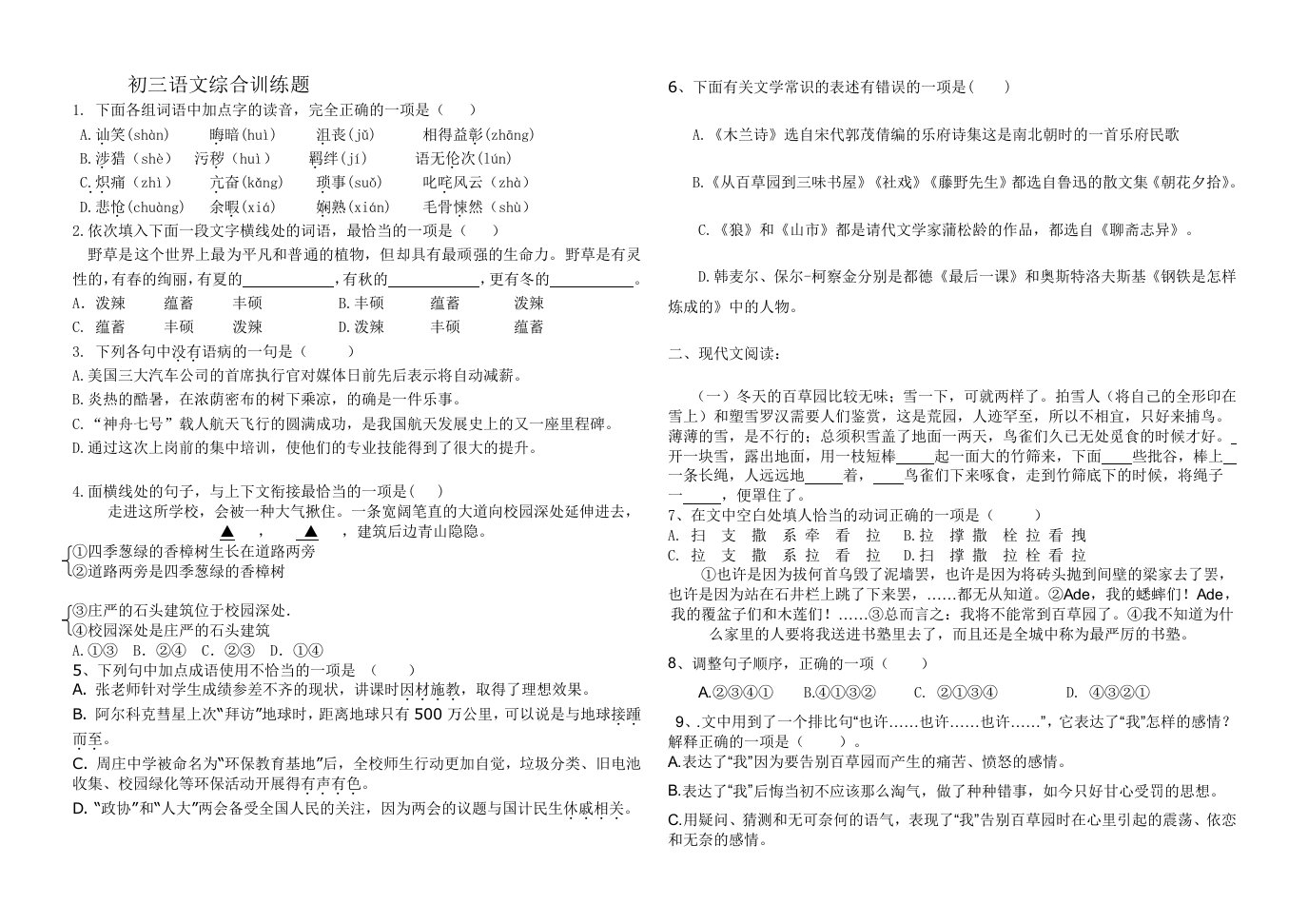 初三语文综合训练题