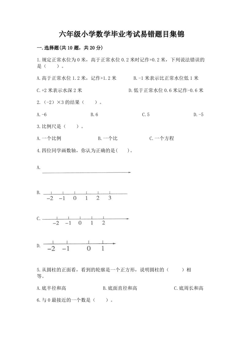 六年级小学数学毕业考试易错题目集锦a4版可打印