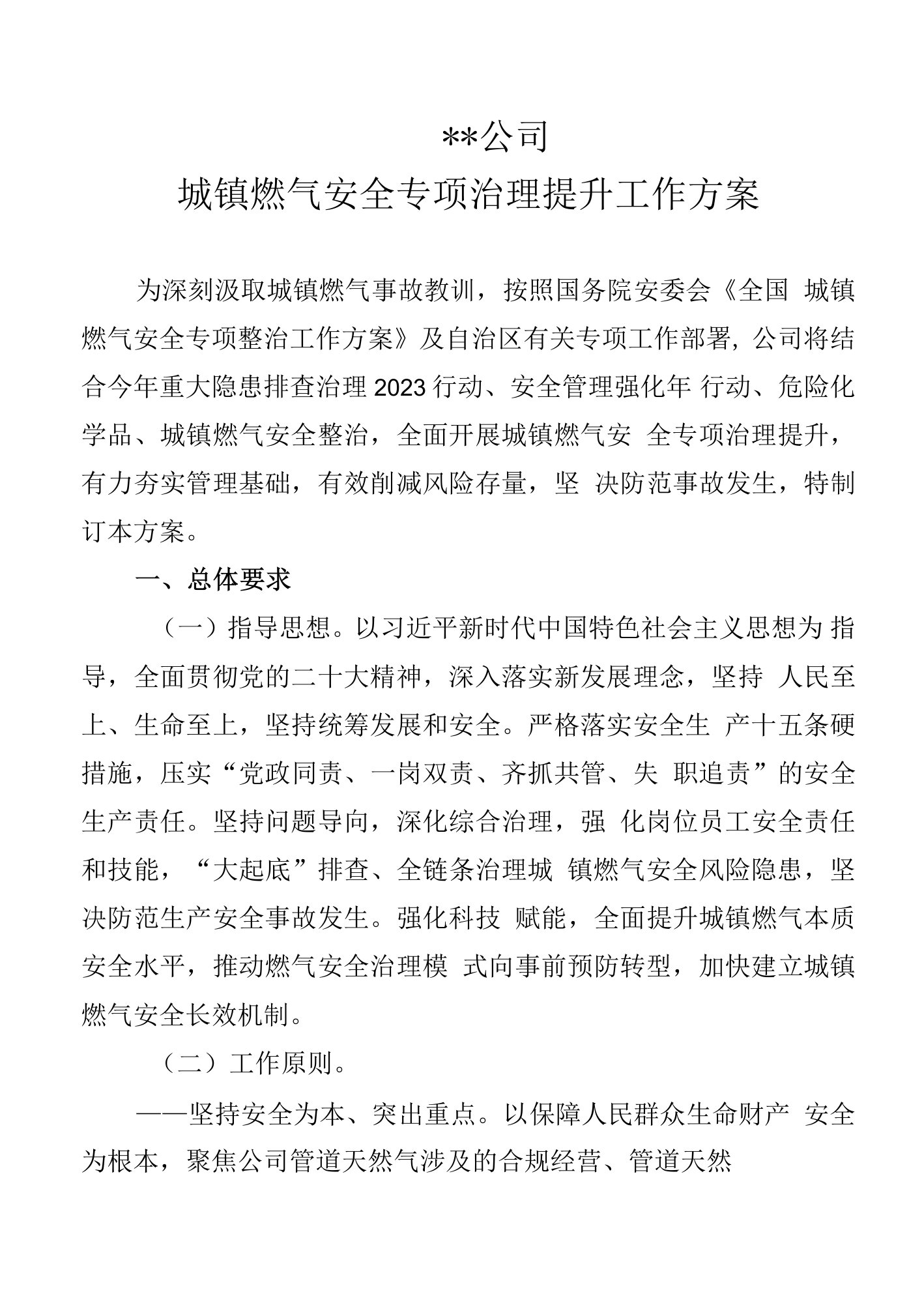 某某公司城镇燃气安全专项治理提升工作方案