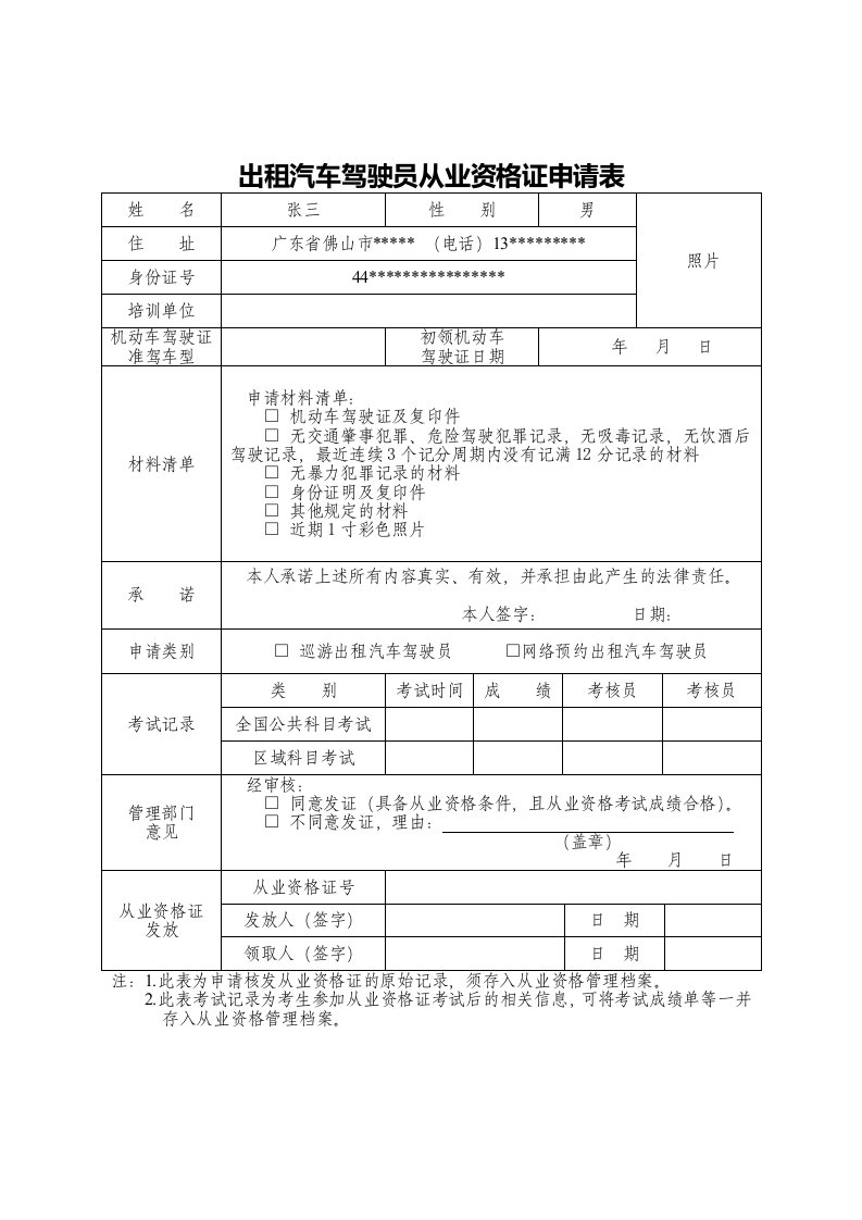 出租汽车驾驶员从业资格证申请表