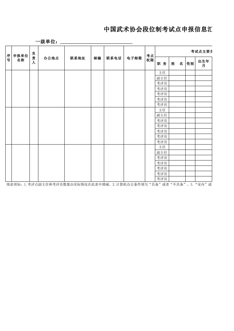 中国武术协会段位制考试点申报信息汇总表