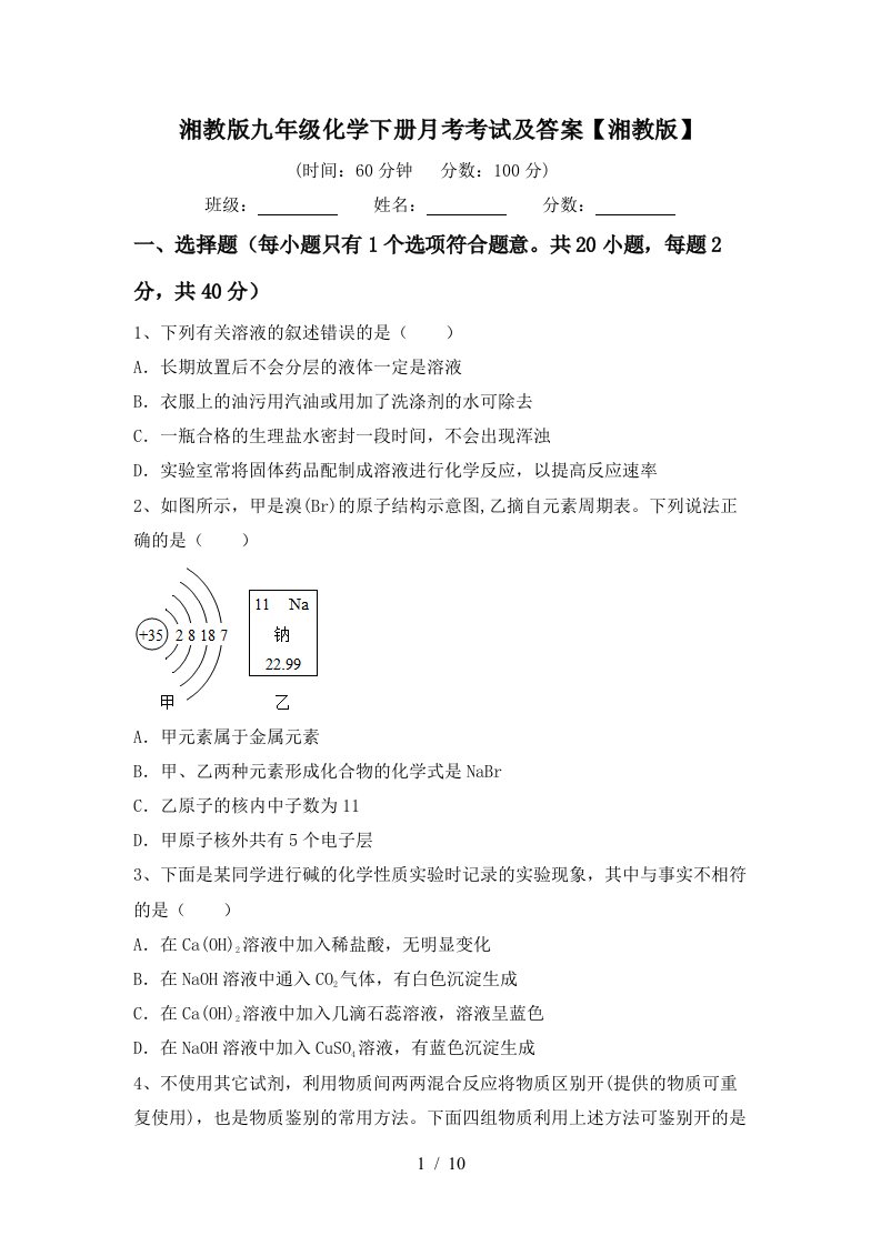 湘教版九年级化学下册月考考试及答案湘教版