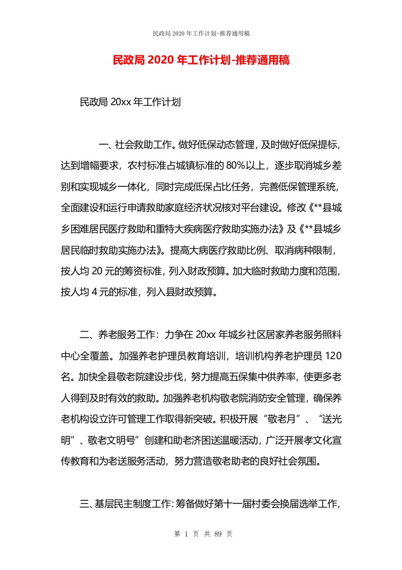 民政局2020年工作计划