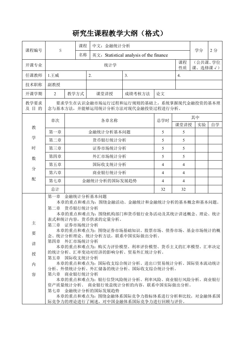 《金融统计分析》课程教学大纲2011