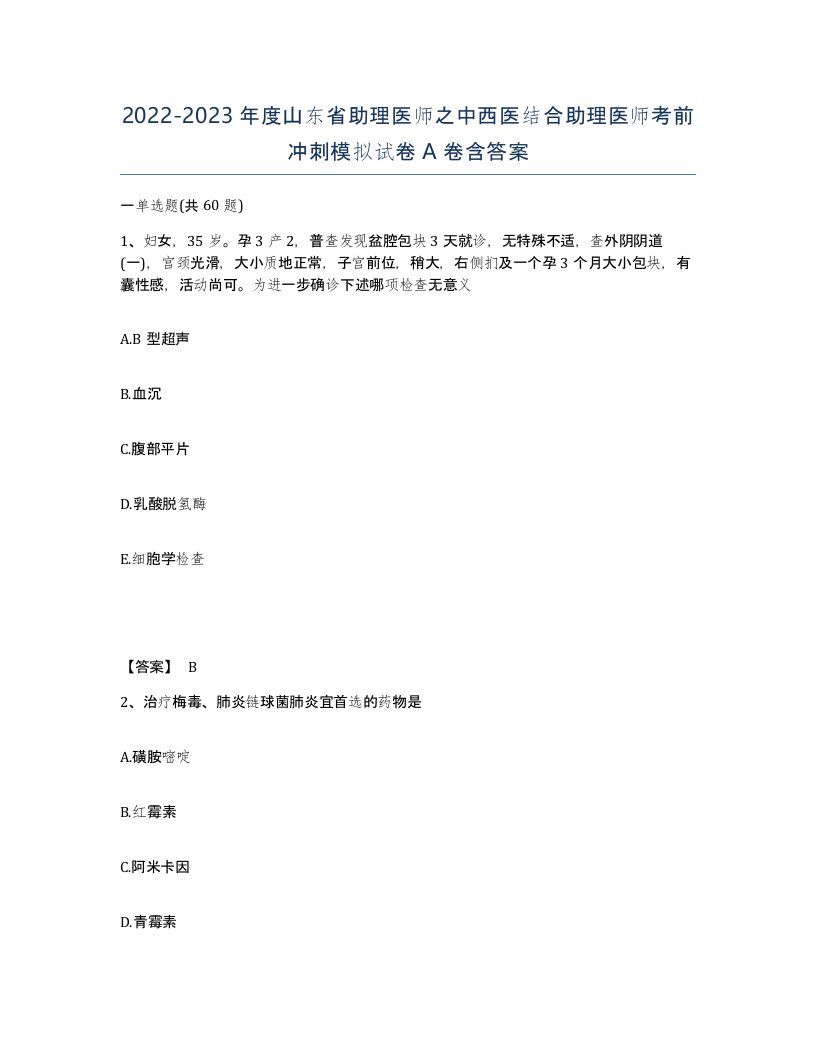 2022-2023年度山东省助理医师之中西医结合助理医师考前冲刺模拟试卷A卷含答案