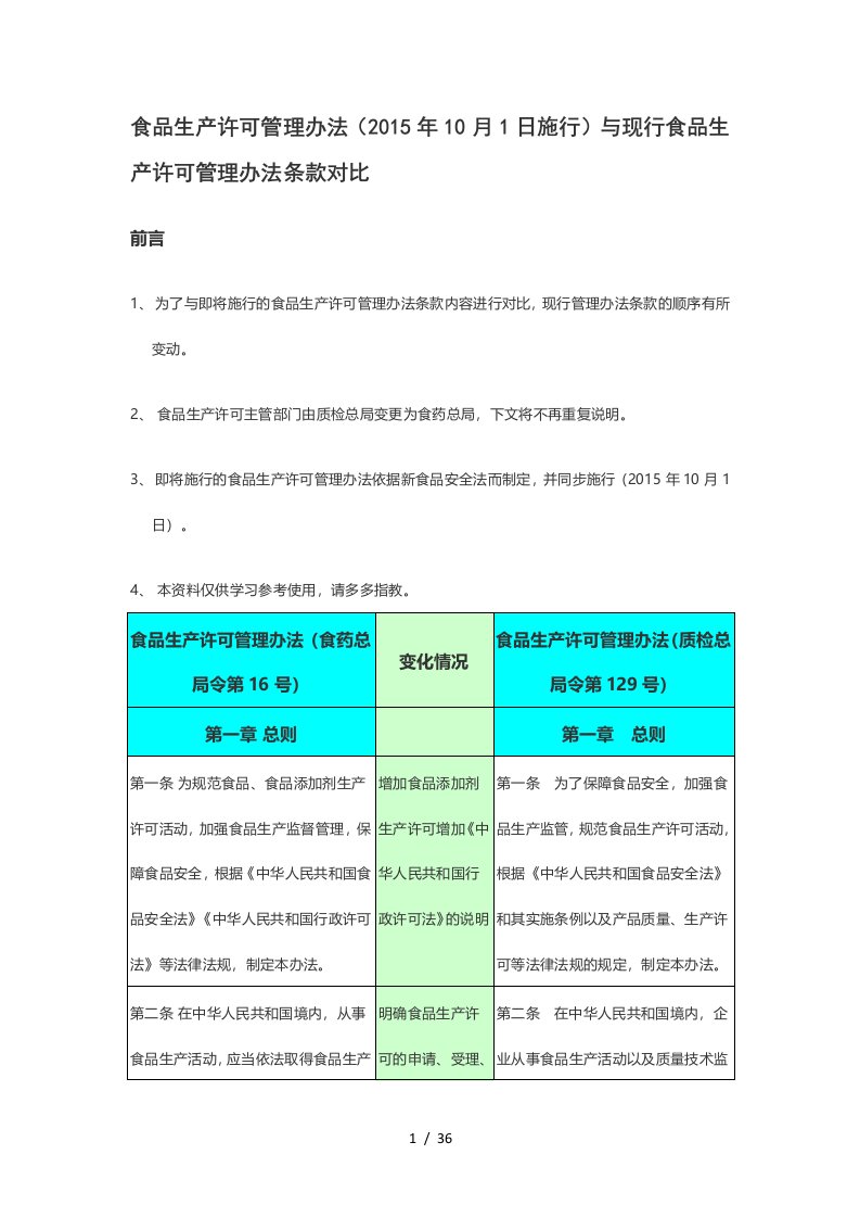 新旧食品生产许可管理办法条款对比