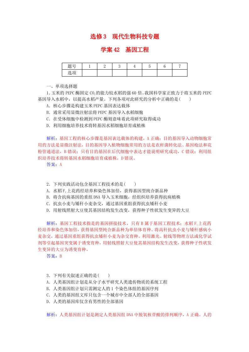 2016届高三生物一轮总复习基因工程限时训练含解析新人教版选修3