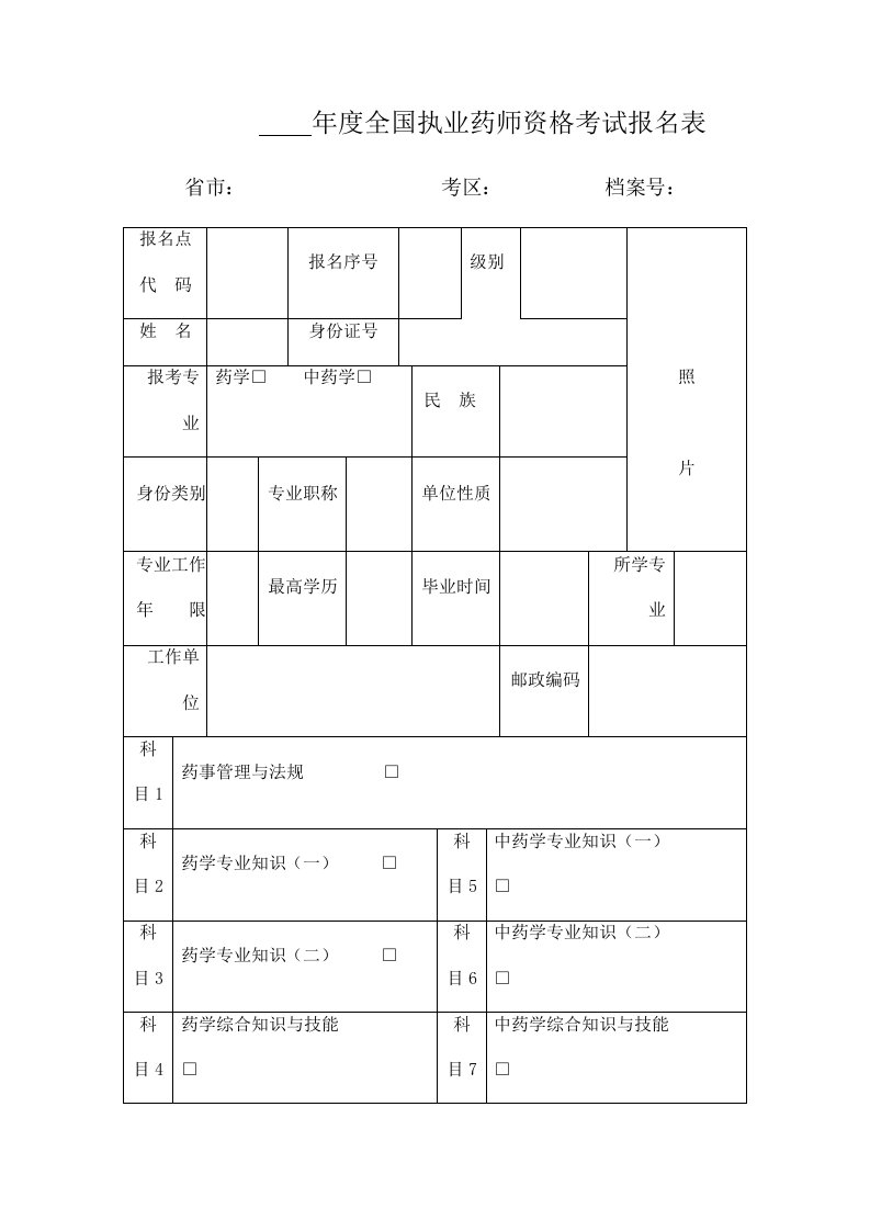 年度全国执业药师资格考试报名表