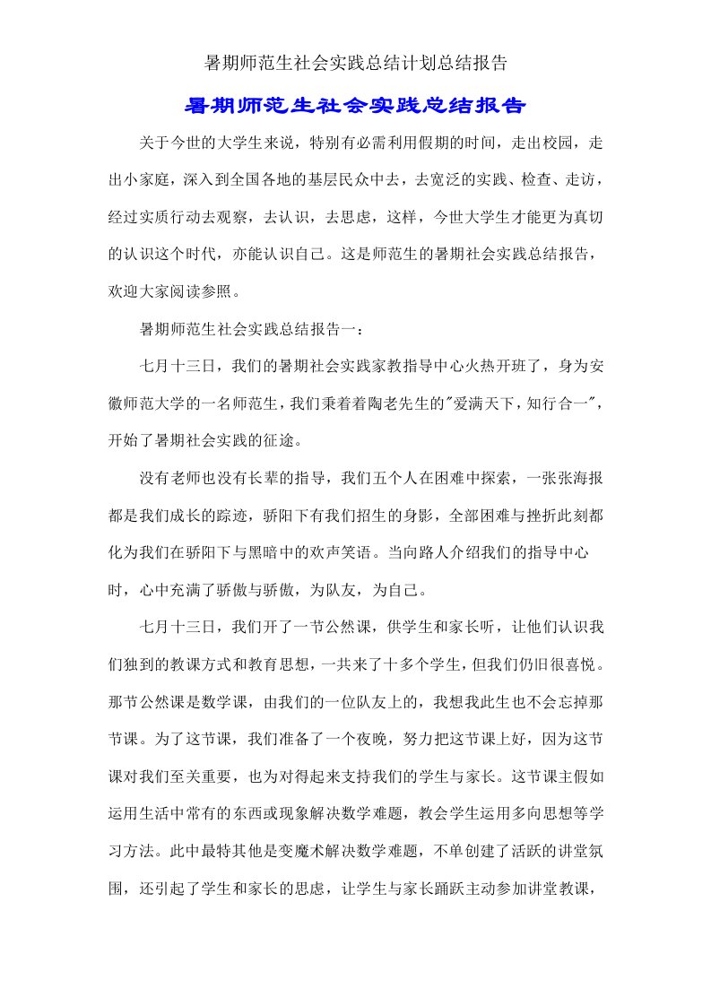 暑假师范生社会实践总结计划总结报告