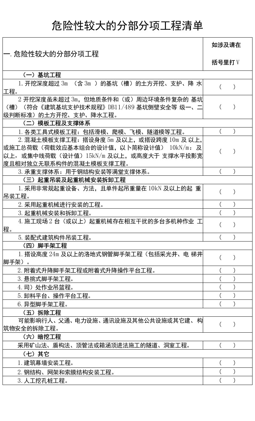 003危险性较大的分部分项工程清单