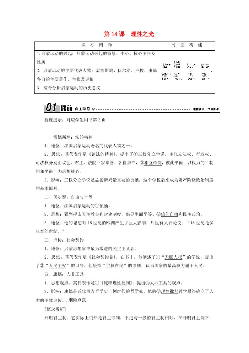 2020_2021学年高中历史第三单元从人文精神之源到科学理性时代第14课理性之光学案含解析岳麓版必修3