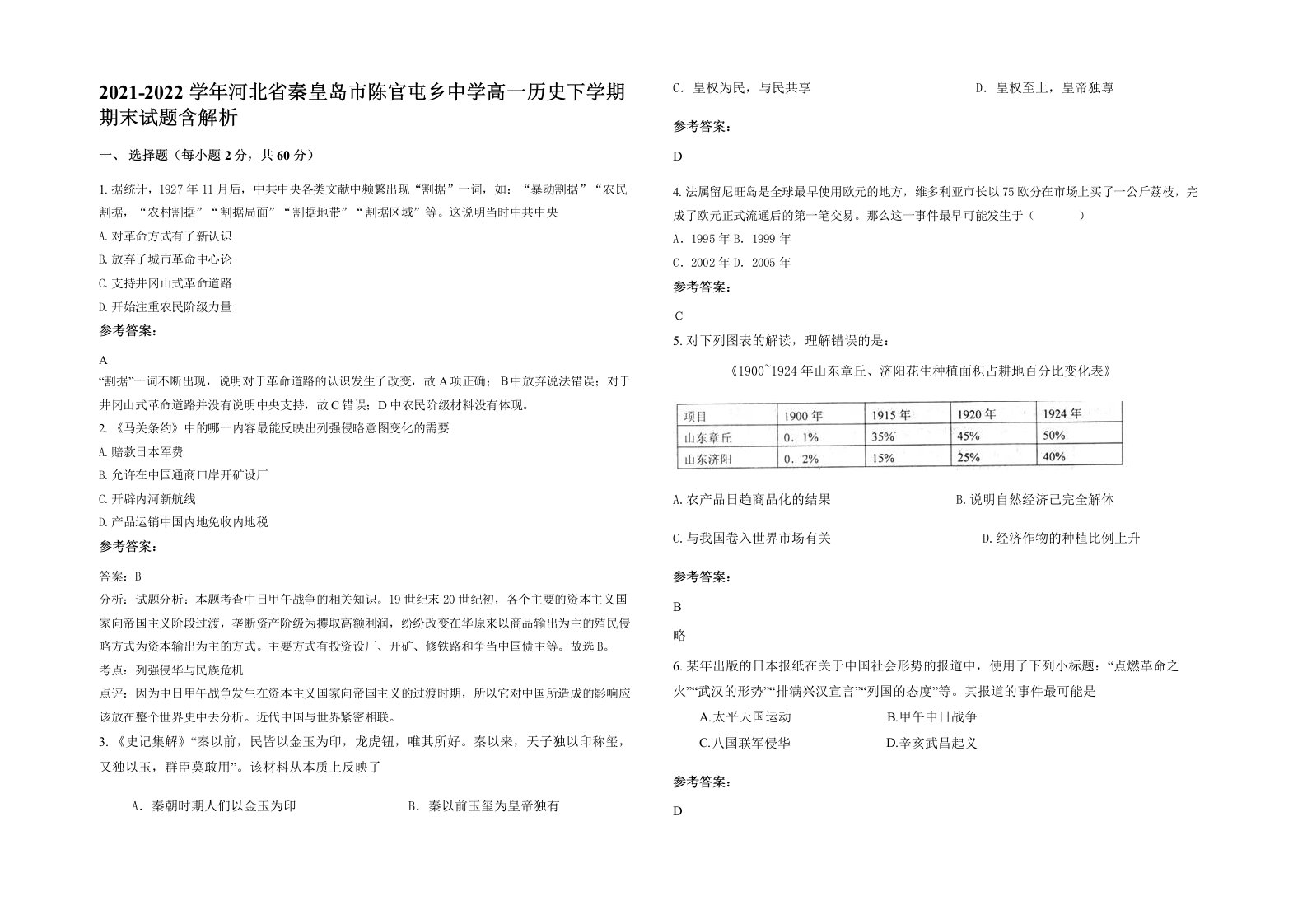 2021-2022学年河北省秦皇岛市陈官屯乡中学高一历史下学期期末试题含解析