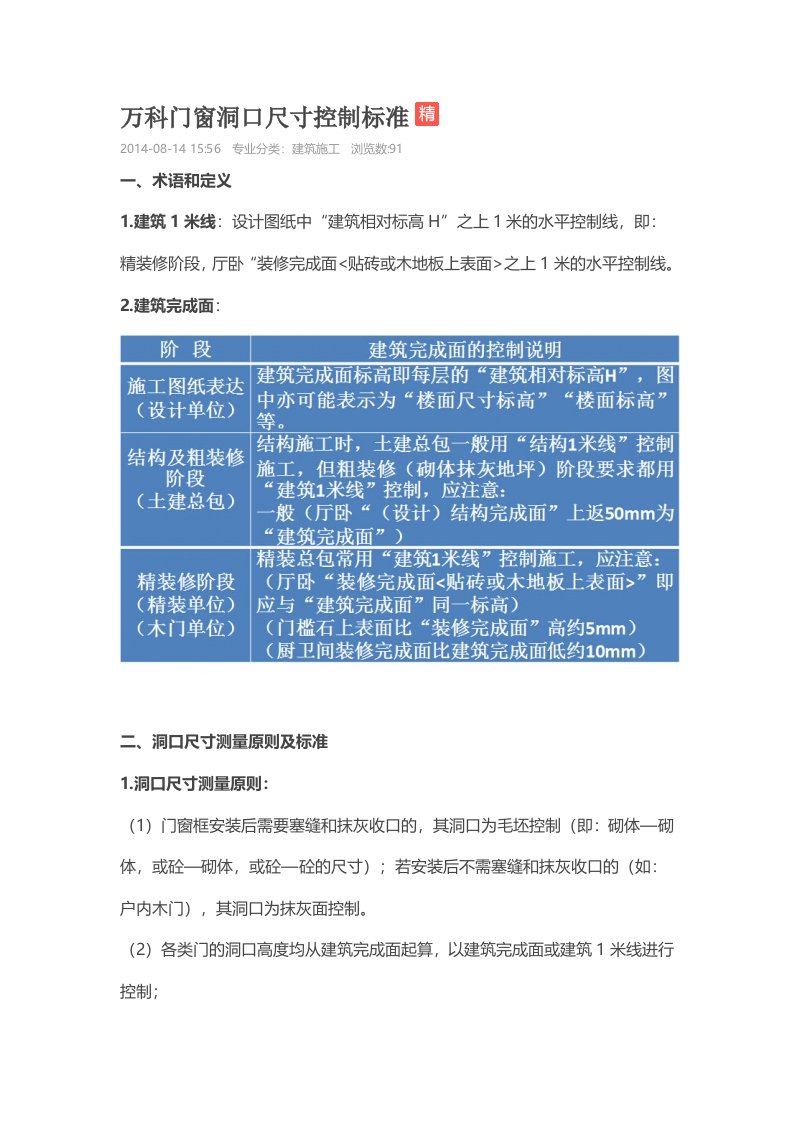 万科门窗洞口尺寸控制标准