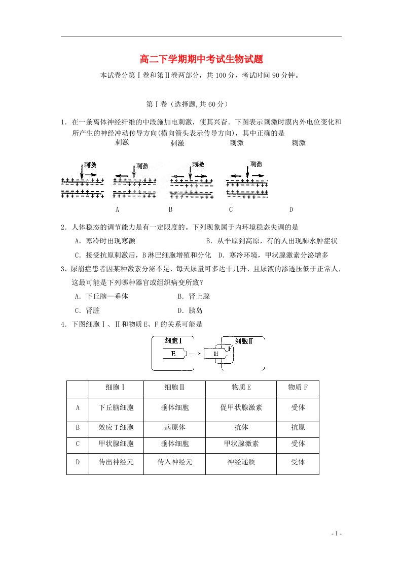 辽宁省开原市高级中学高二生物下学期期中试题