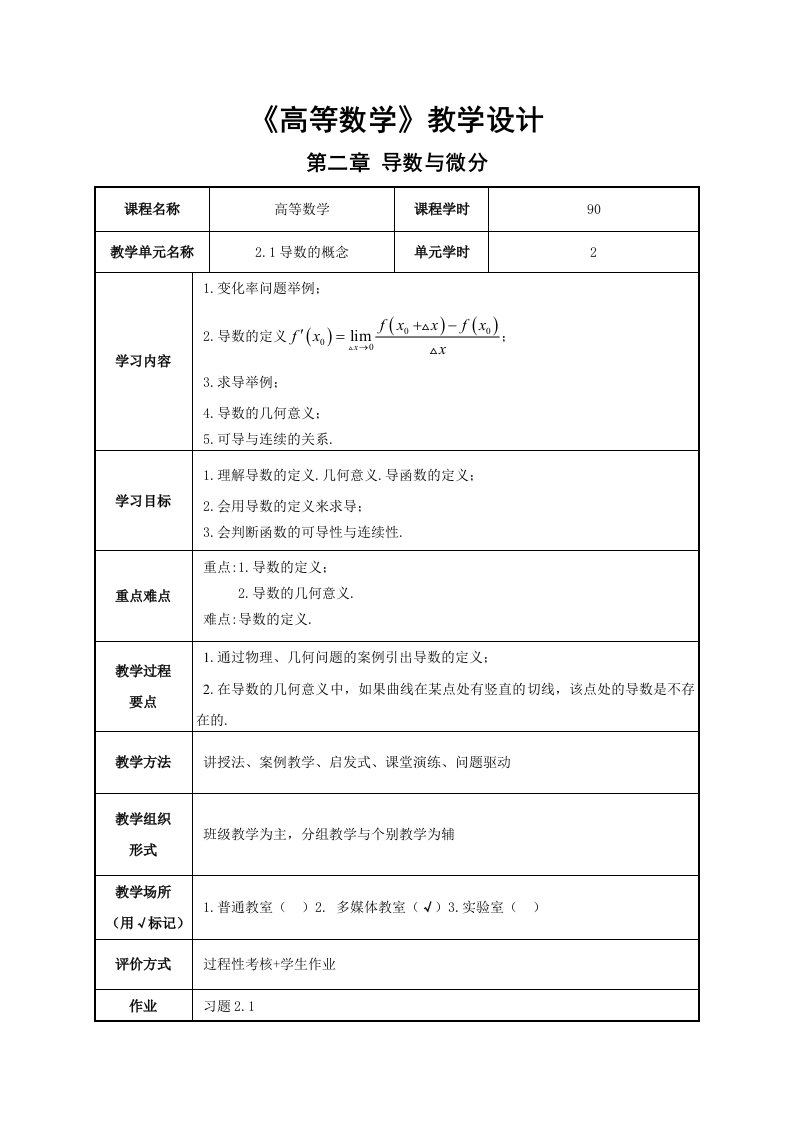 二导数及微分教学设计