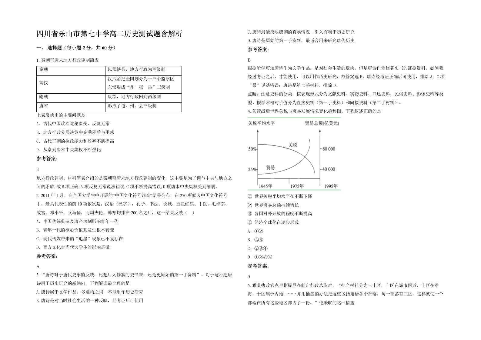 四川省乐山市第七中学高二历史测试题含解析