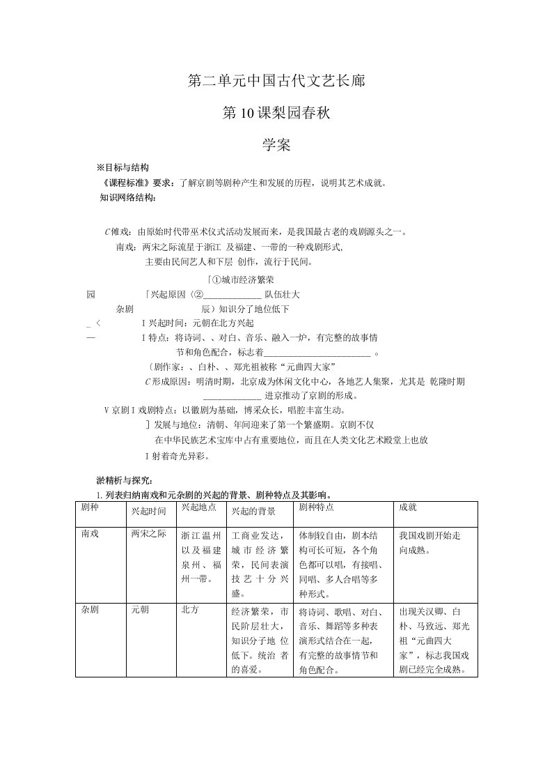 历史课堂岳麓版讲学练之学案：2.10《梨园春秋》（岳麓版必修3）