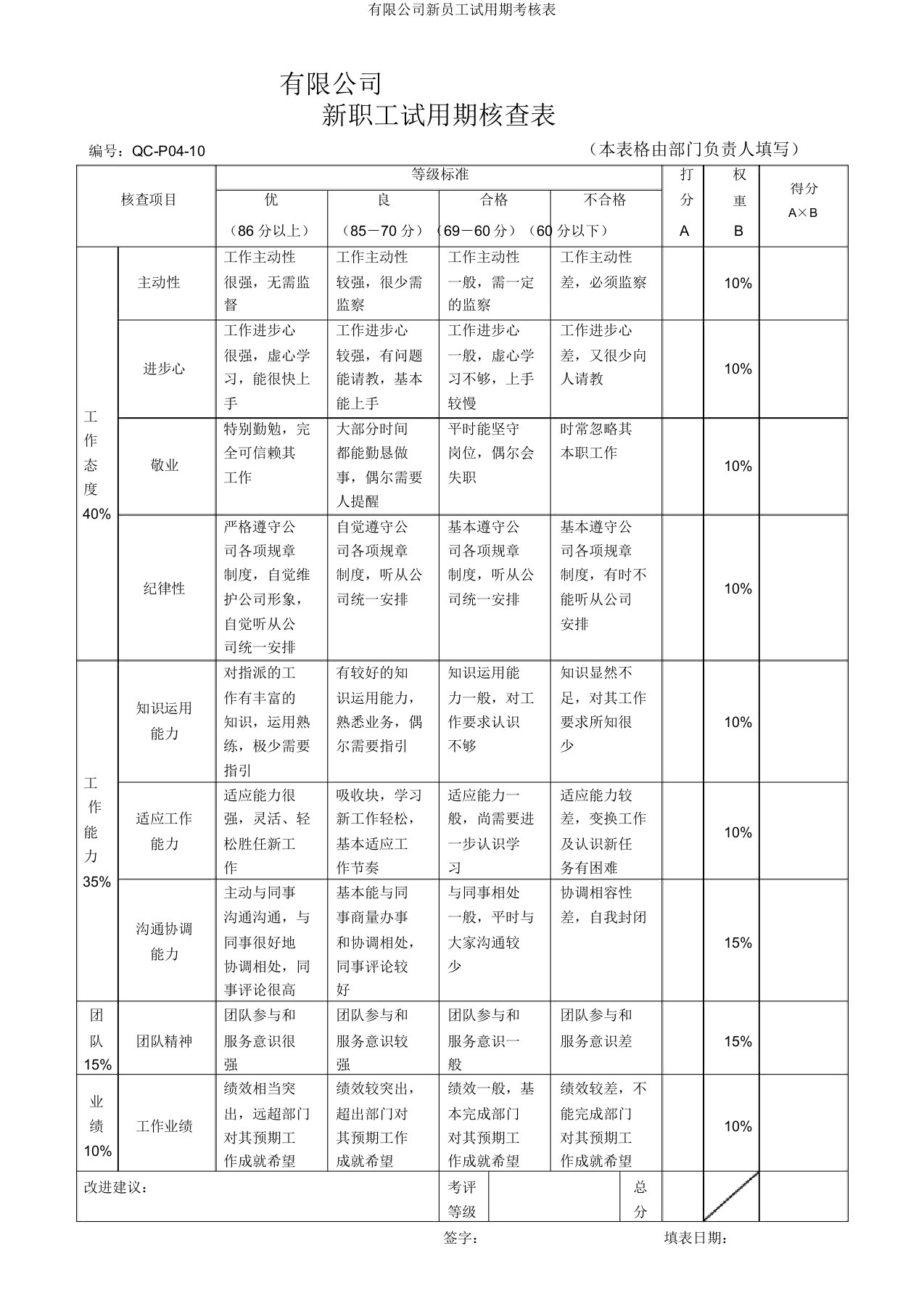 有限公司新员工试用期考核表