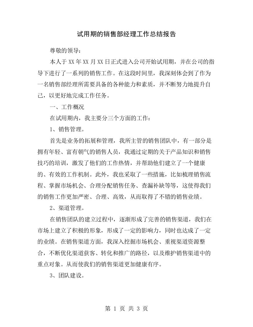 试用期的销售部经理工作总结报告