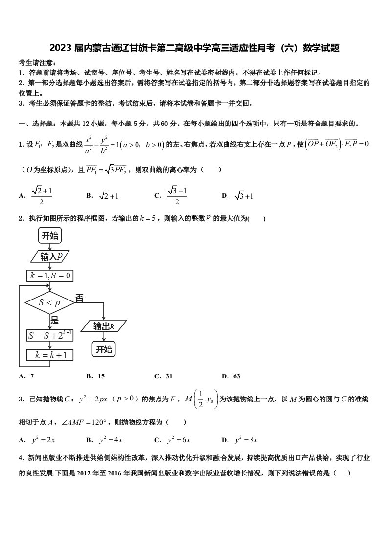 2023届内蒙古通辽甘旗卡第二高级中学高三适应性月考（六）数学试题