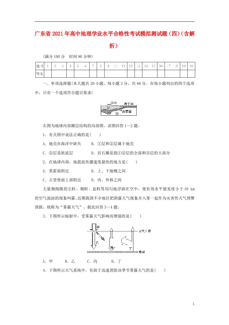 广东省2021年高中地理学业水平合格性考试模拟测试题四含解析