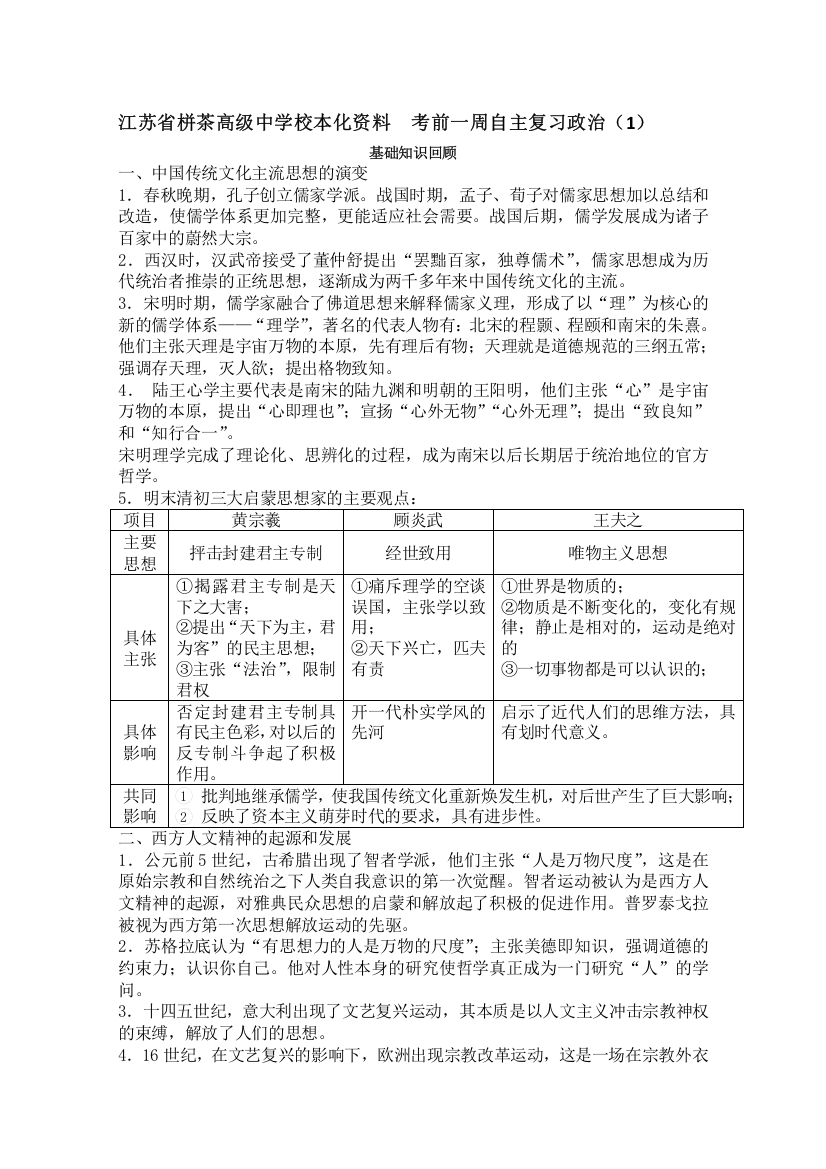 江苏省栟茶高级中学校本化资料考前一周自主复习政治（1）