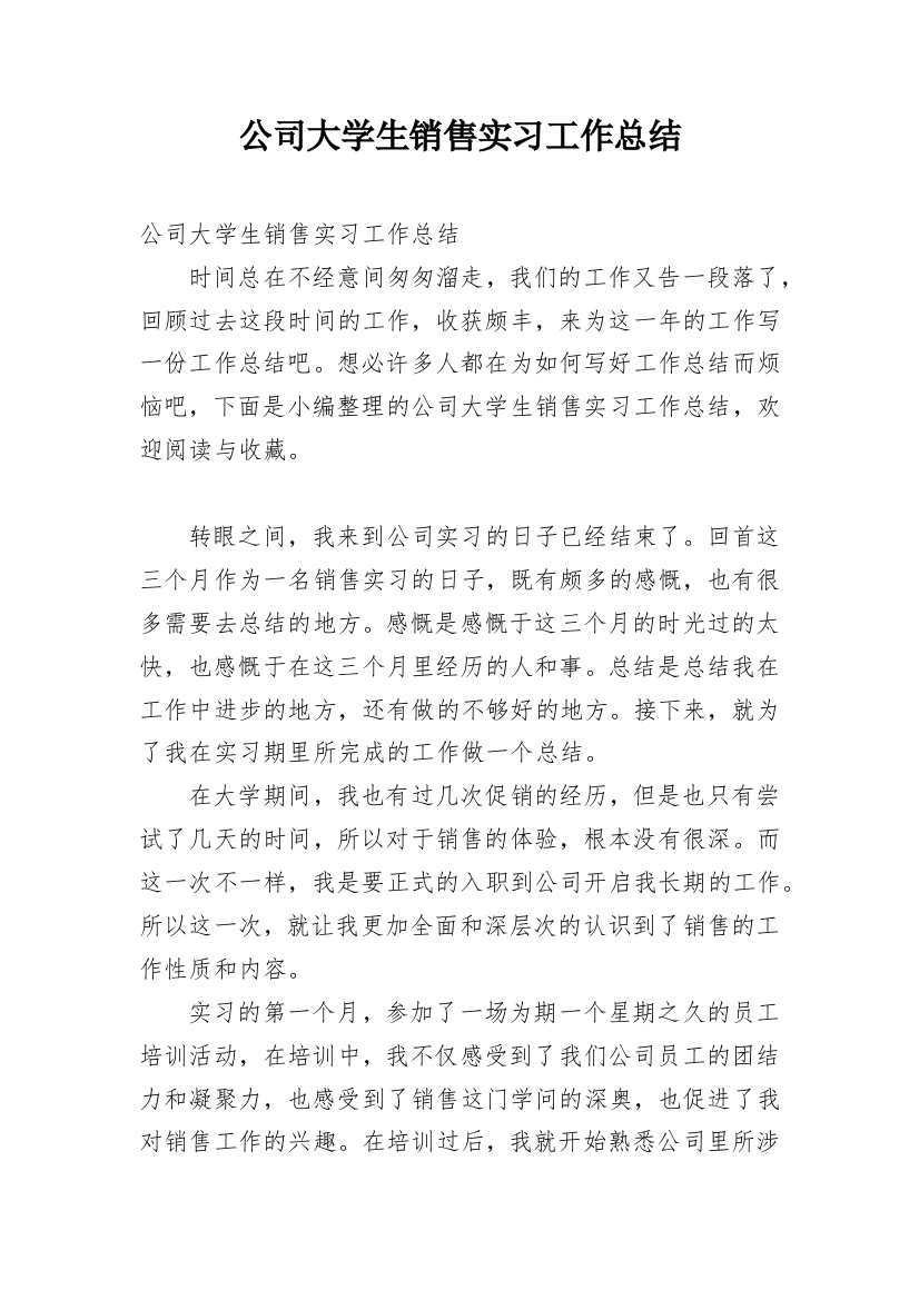 公司大学生销售实习工作总结