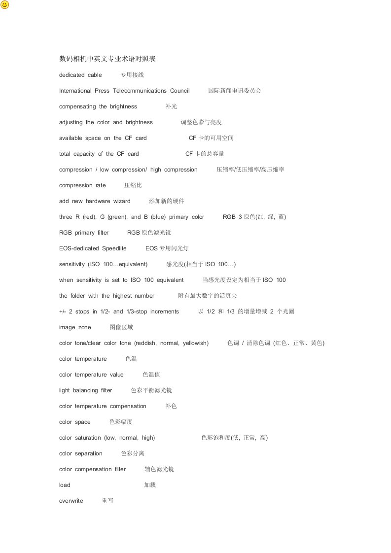 数码相机中英文专业术语对照表