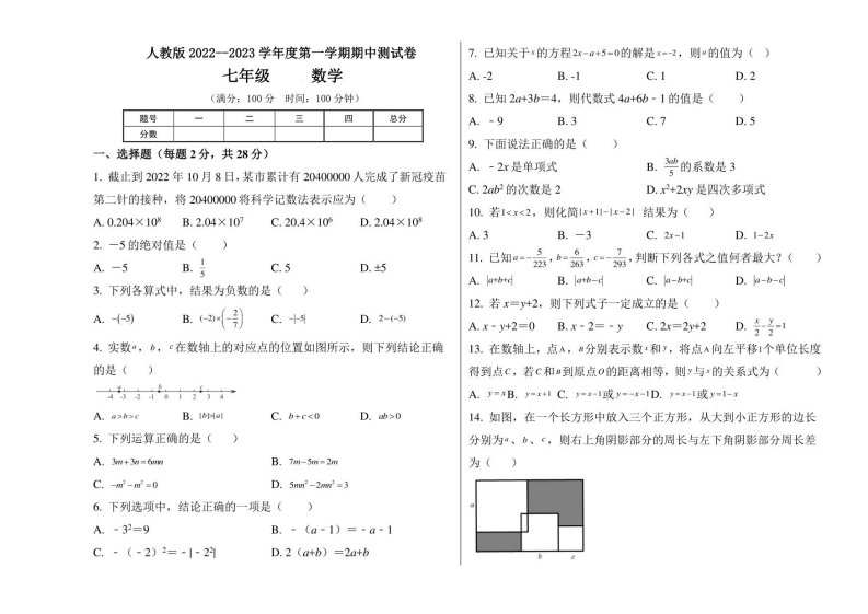 人教版2022--2023学年度第一学期七年级数学上册期中测试卷及答案