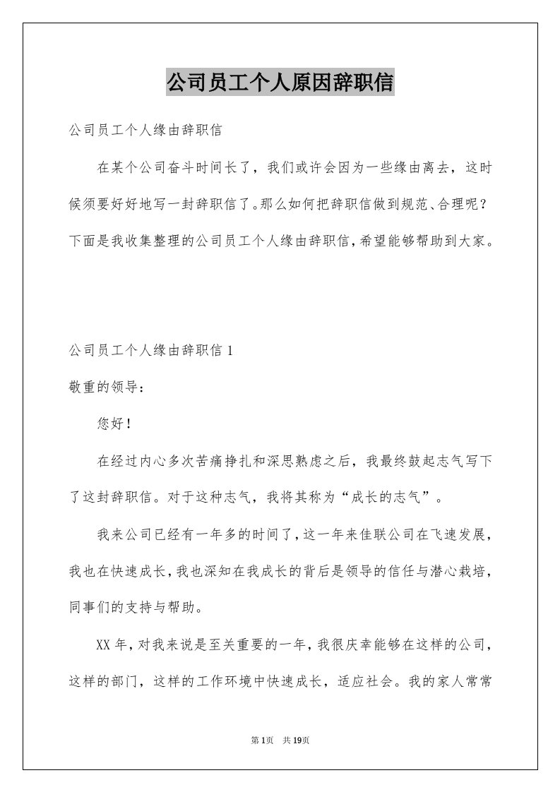 公司员工个人原因辞职信例文1