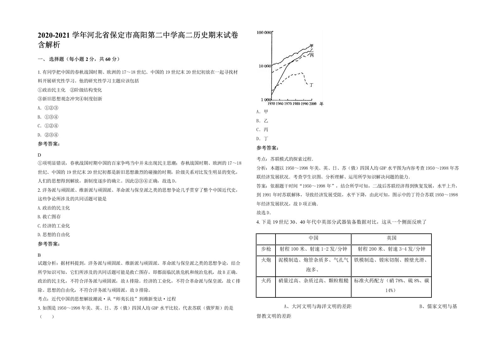 2020-2021学年河北省保定市高阳第二中学高二历史期末试卷含解析