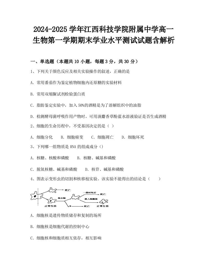 2024-2025学年江西科技学院附属中学高一生物第一学期期末学业水平测试试题含解析