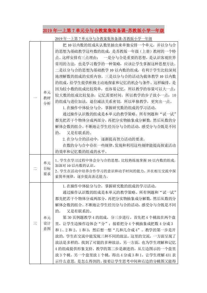 2019年一上第7单元分与合教案集体备课-苏教版小学一年级