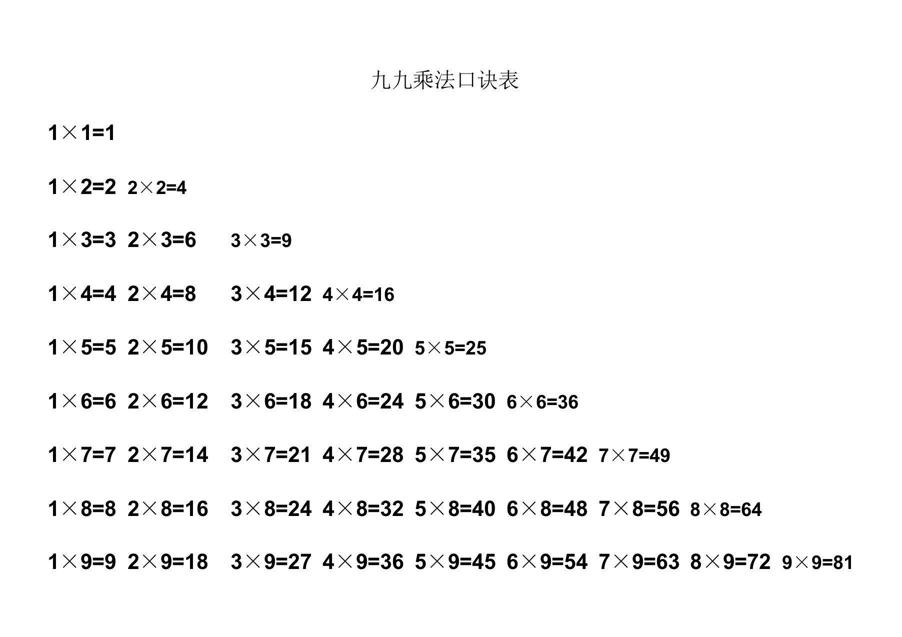 九九乘法口诀表(可直接打印)