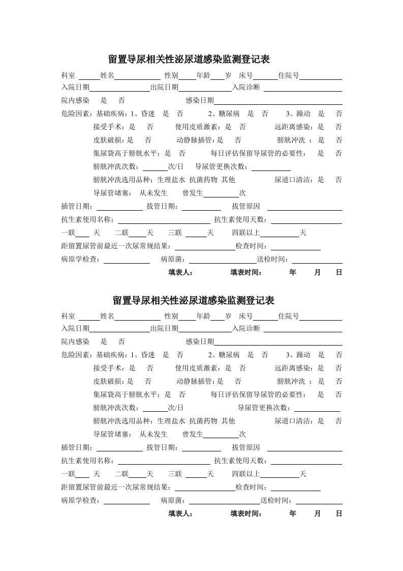 留置导尿相关性泌尿道感染监测登记表