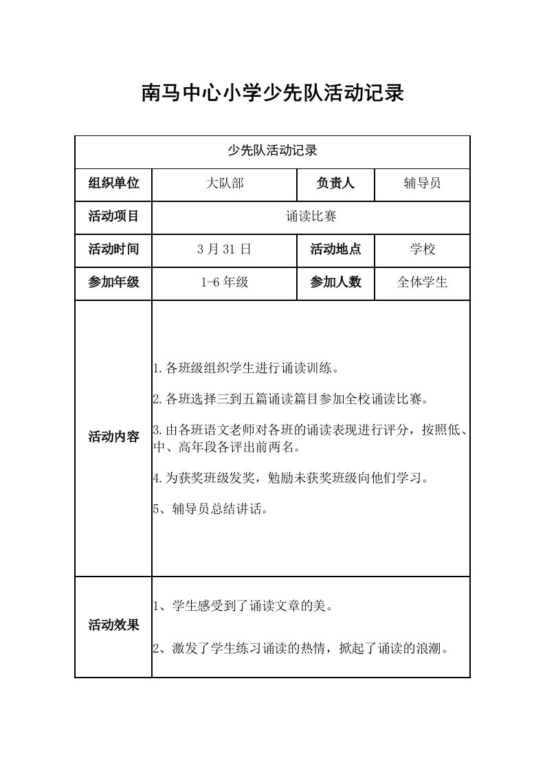 小学少先队活动记录表