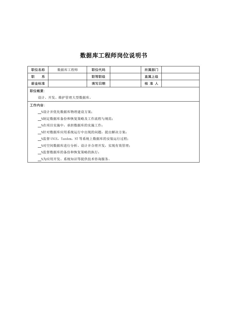 技术部-数据库工程师岗位说明书