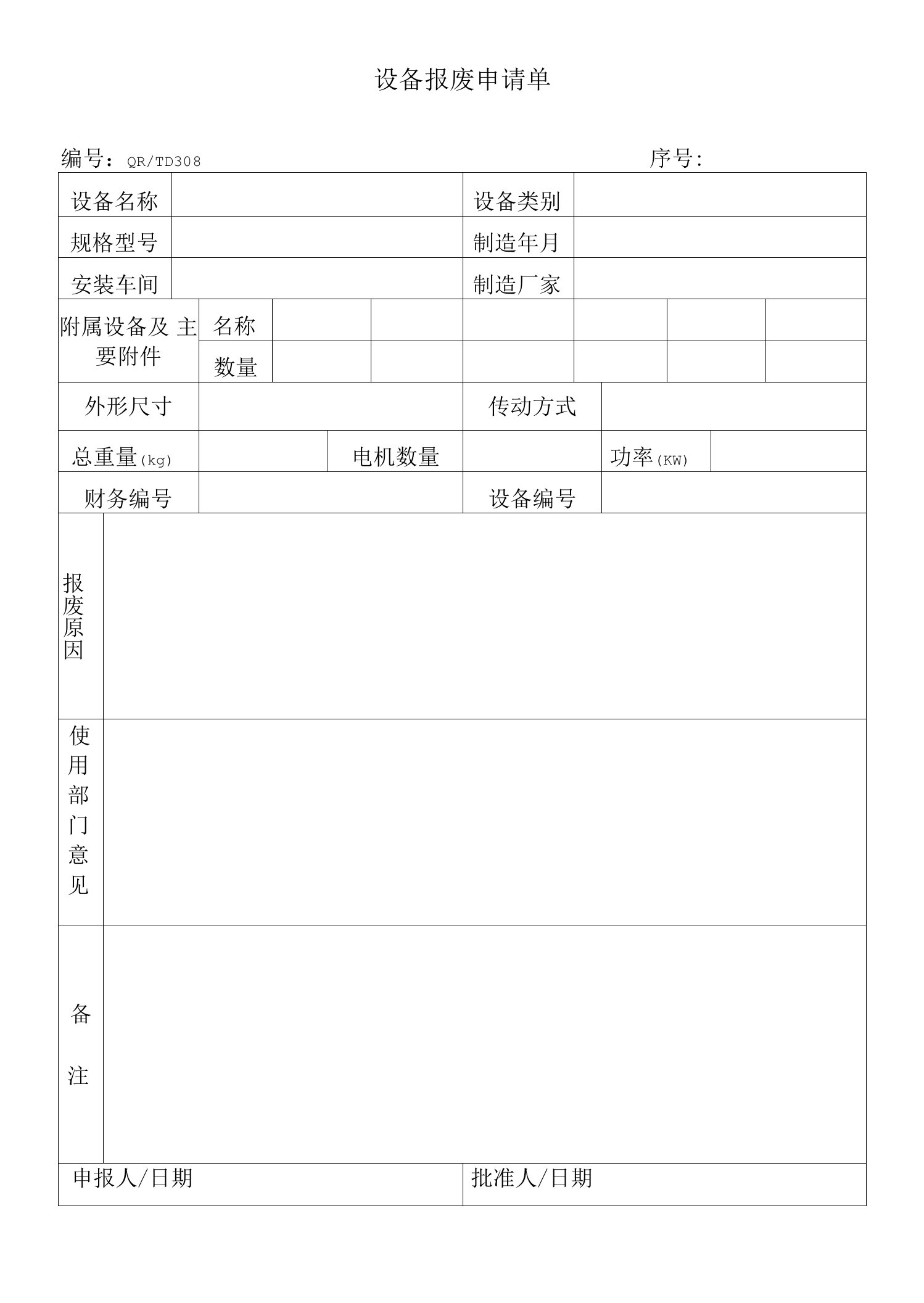 炼钢厂记录表格清单-设备报废申报单