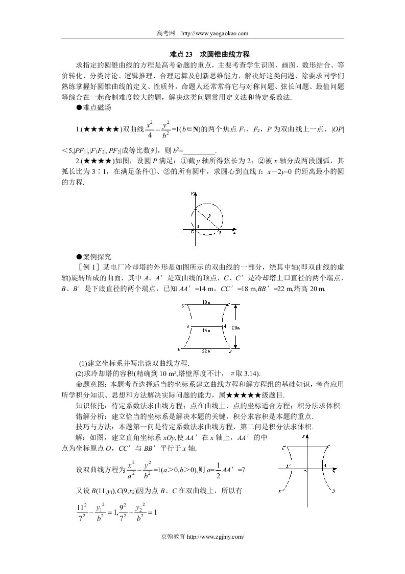 高考数学难点归纳23求圆锥曲线方程教案