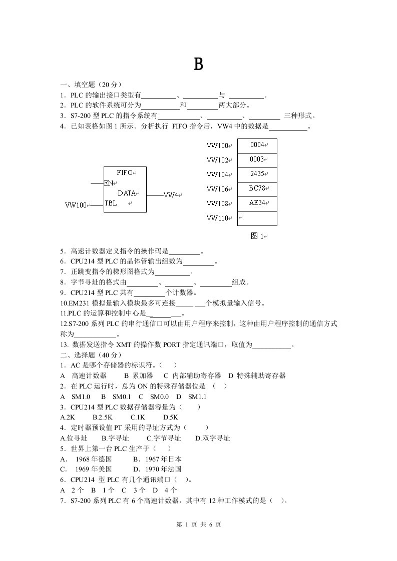 西门子S7-200PLC试题及答案B