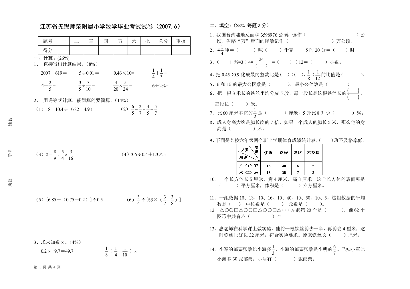 【小学中学教育精选】江苏省无锡师范附属小学数学毕业考试试卷（2007.6）