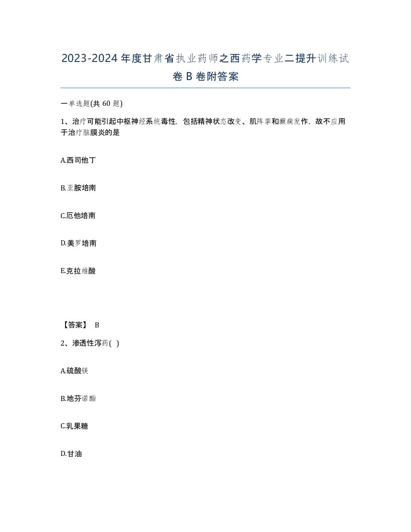 2023-2024年度甘肃省执业药师之西药学专业二提升训练试卷B卷附答案